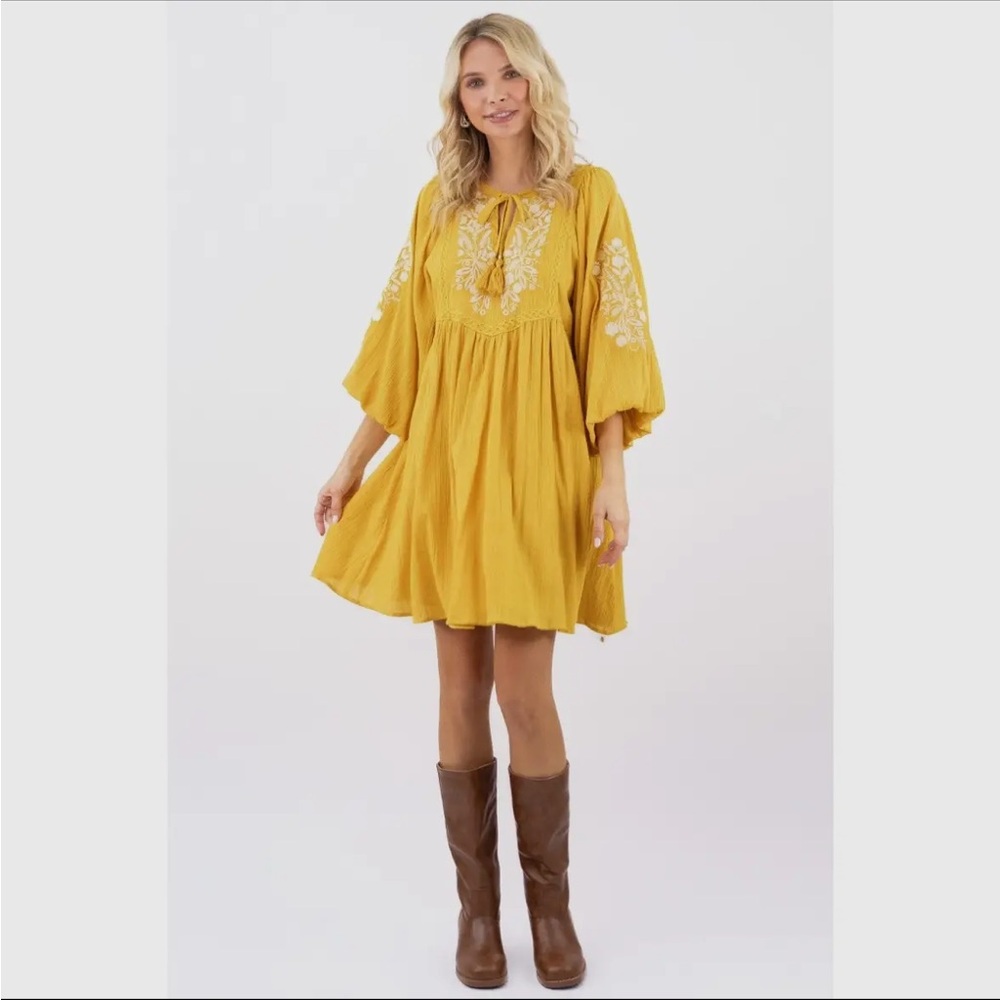 NWT- Mustard Embroidered Mini Dress